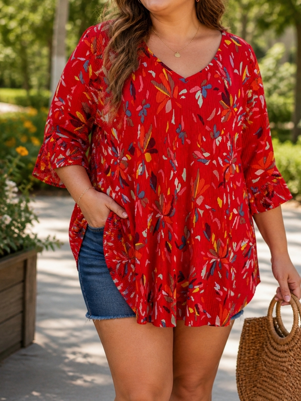Addition Elle Red Floral Pleated Blouse Plus Size V-Neck Ruffle Sleeve Boho Chic